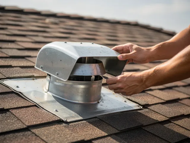 Barberton Dryer Vent Cleaning certified technician safely cleaning a roof-mounted dryer vent in Barberton