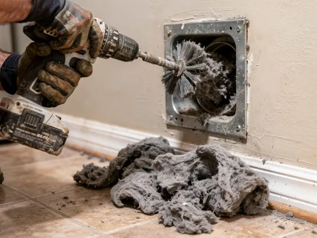 Certified Barberton Dryer Vent Cleaning technician performing dryer vent cleaning in Barberton