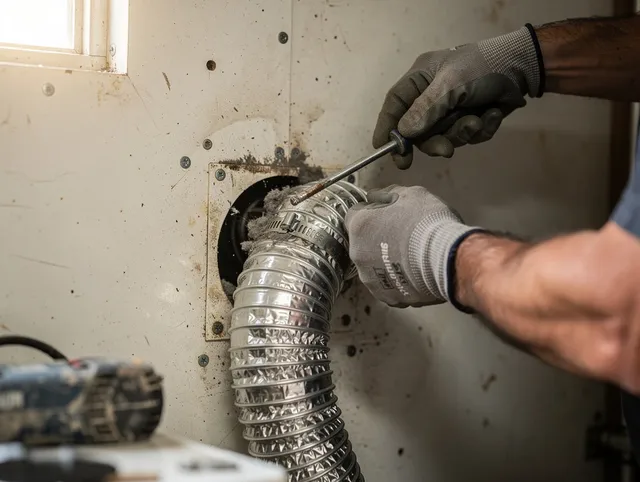Barberton Dryer Vent Cleaning technician performing precise dryer vent hose installation in Barberton